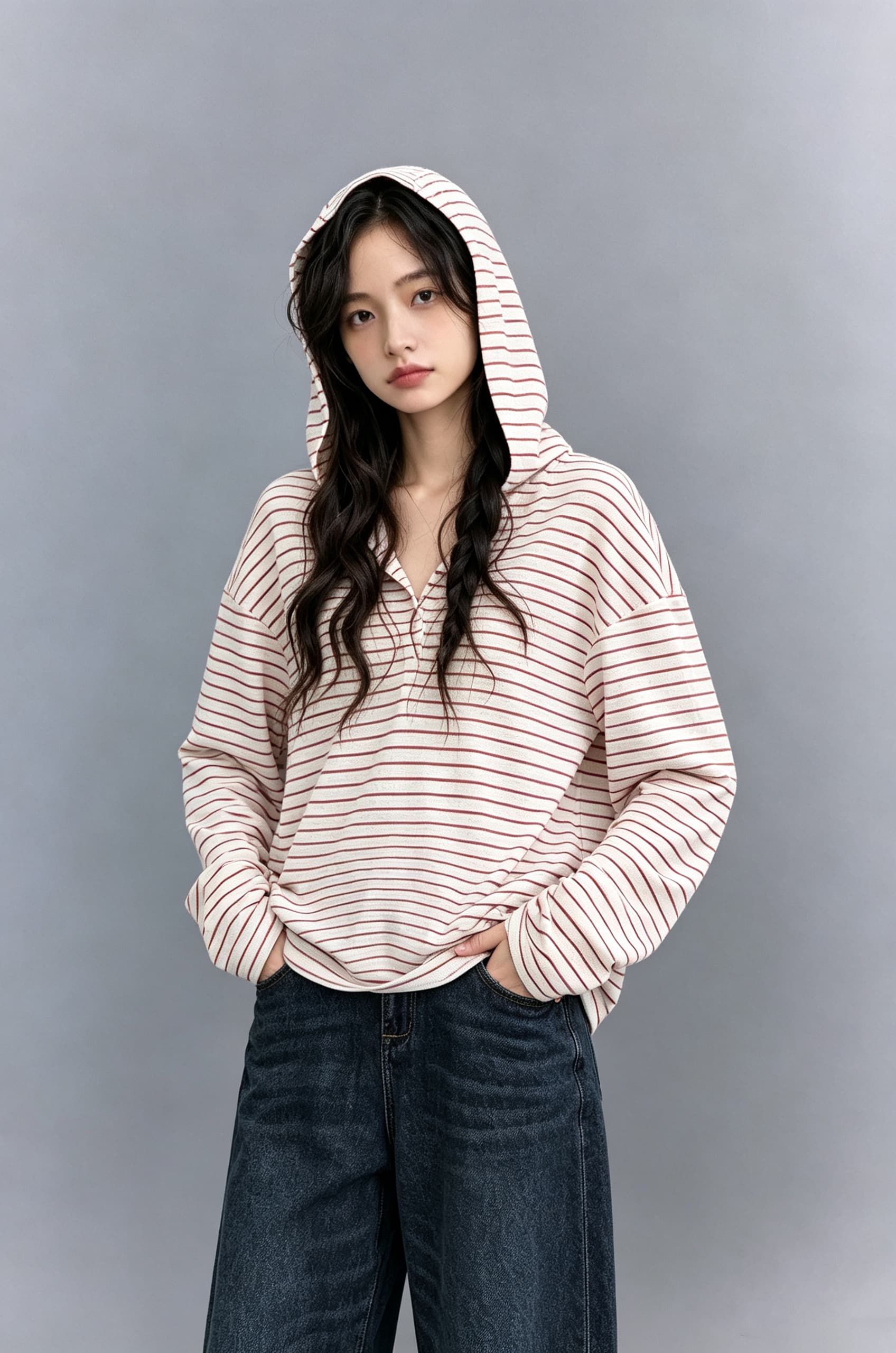 느긋한 계절 가벼움 마이크로 신축성 면 하프 문 을 열 襟 배색 스트라이프 후드 티셔츠 여성 상세 이미지 11