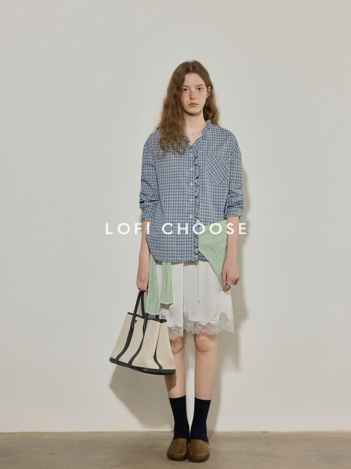 lofi choose 배색 체크무늬 프릴 긴팔 여성 셔츠 가을 새로운 캐주얼 루즈핏 다용도 맨위 이미지 2