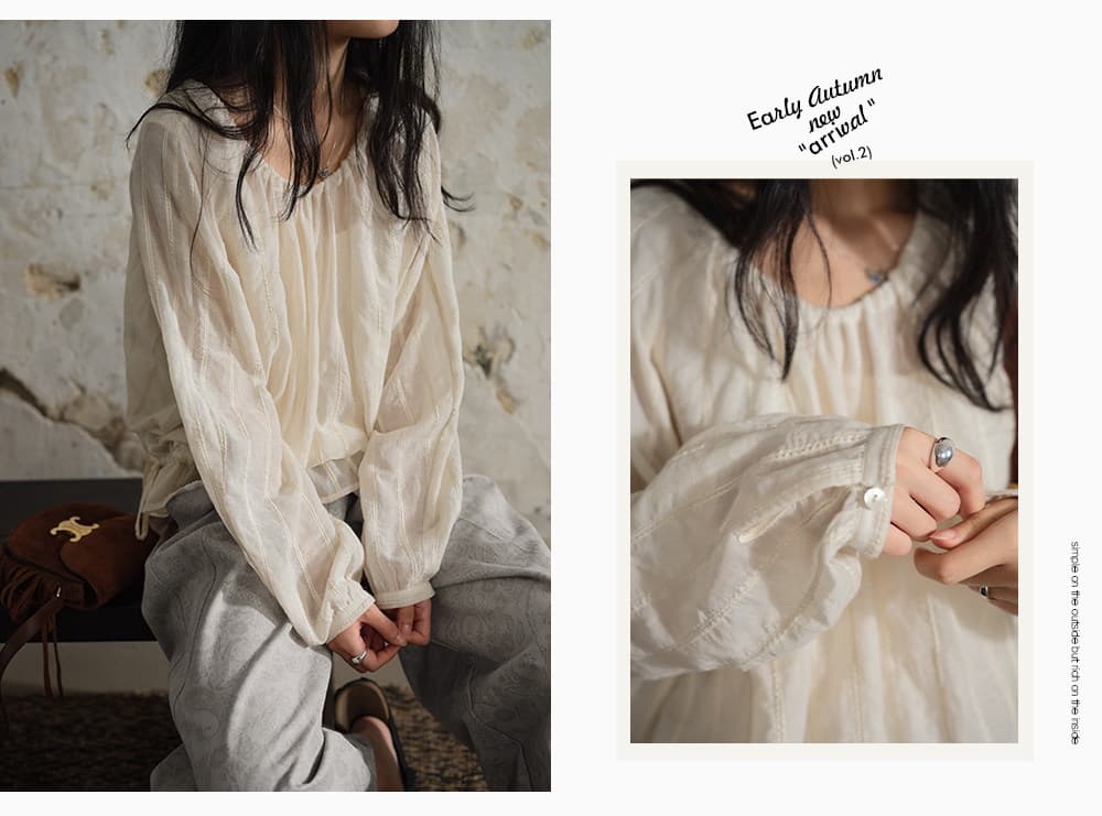 흰 그림 작업장 페이 Na S 순면 질감 자카드 네클라인 주름 스트라이프 긴팔 여성 셔츠 가을 의상 상세 이미지 7