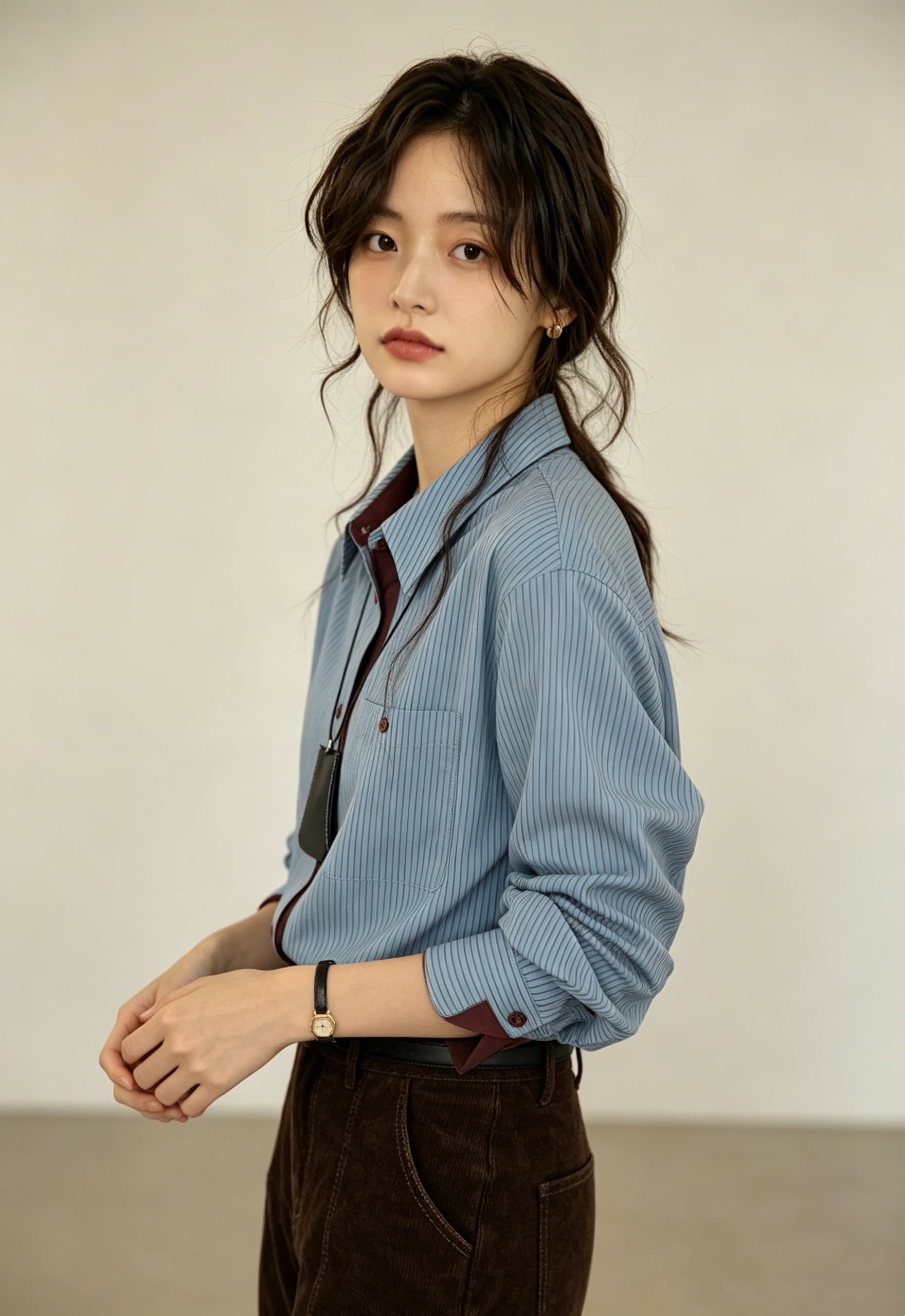 프랑스식 레트로 배색 세로 줄무늬 셔츠 여성 긴 소매 맨위 상세 이미지 4