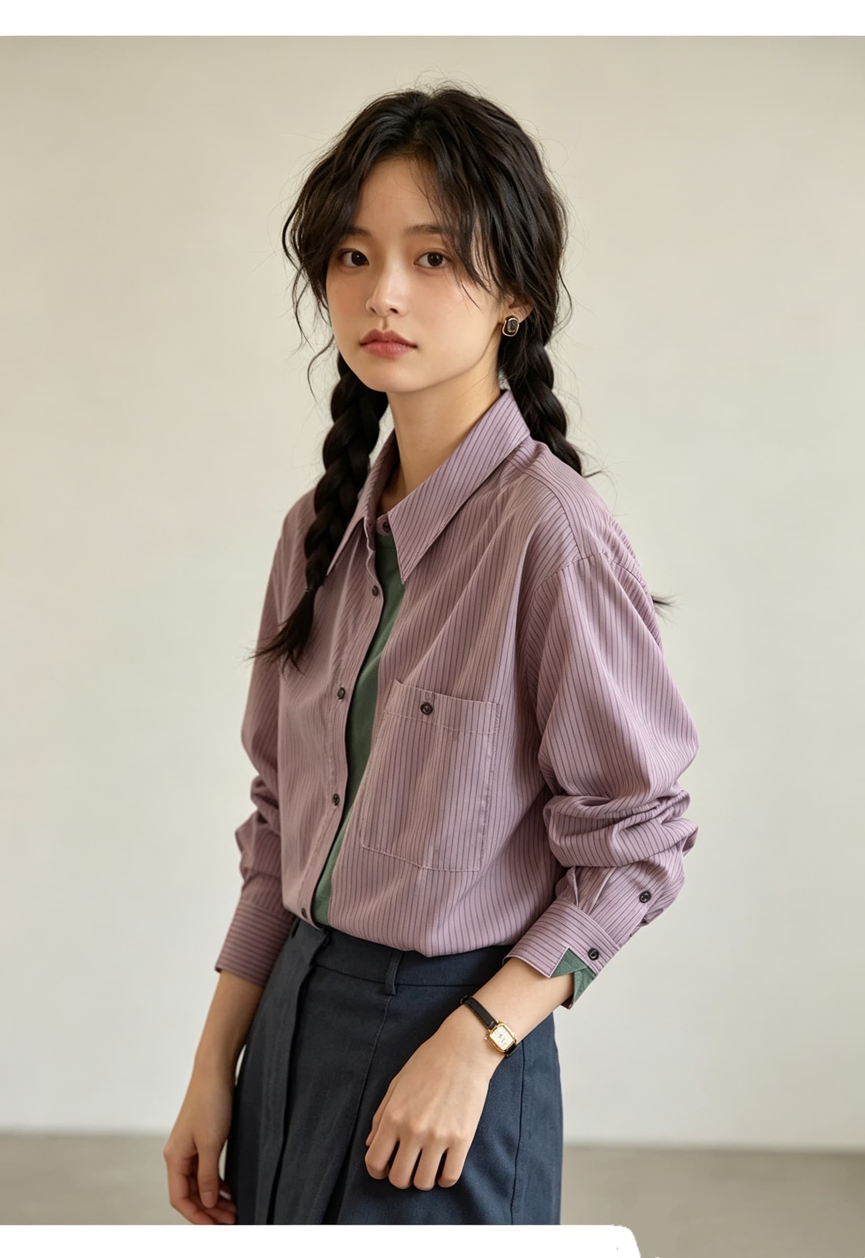 프랑스식 레트로 배색 세로 줄무늬 셔츠 여성 긴 소매 맨위 상세 이미지 13