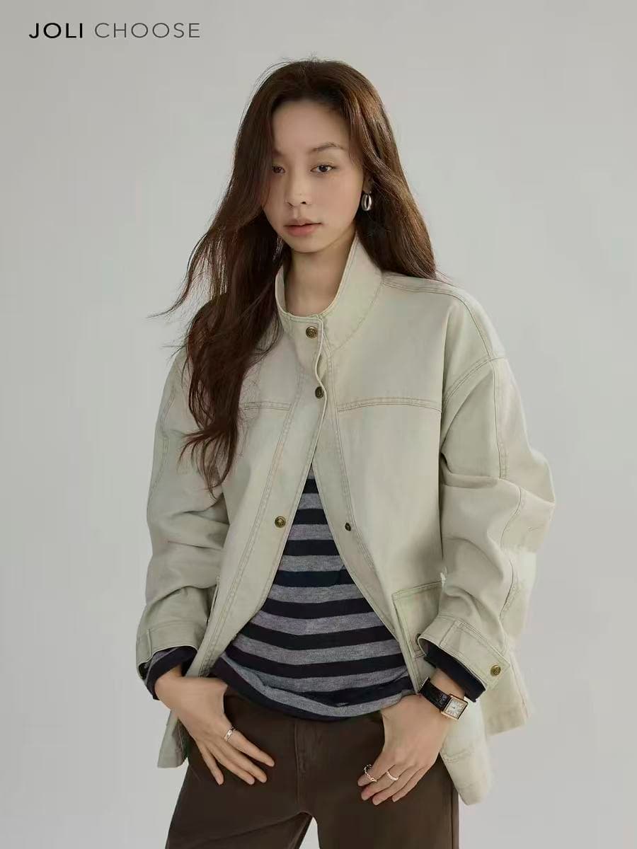 joli choose 봄 새로운 루즈핏 스탠드 칼라 여성 코트 디자인 센스 캐주얼 패션 작은 대중 워크웨어 재킷