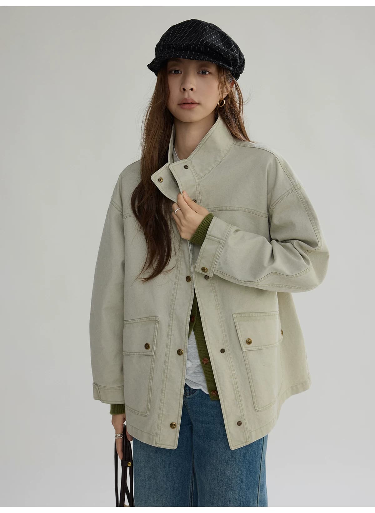 joli choose 봄 새로운 루즈핏 스탠드 칼라 여성 코트 디자인 센스 캐주얼 패션 작은 대중 워크웨어 재킷 상세 이미지 2