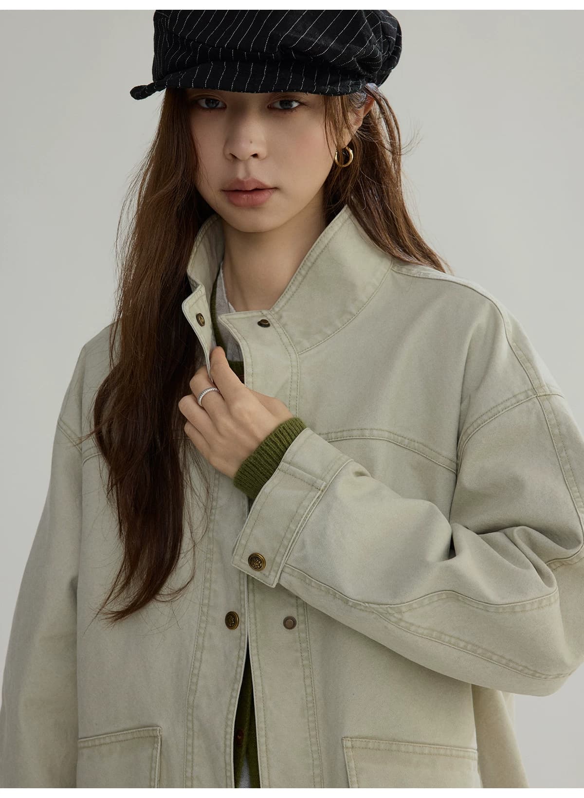 joli choose 봄 새로운 루즈핏 스탠드 칼라 여성 코트 디자인 센스 캐주얼 패션 작은 대중 워크웨어 재킷 상세 이미지 4