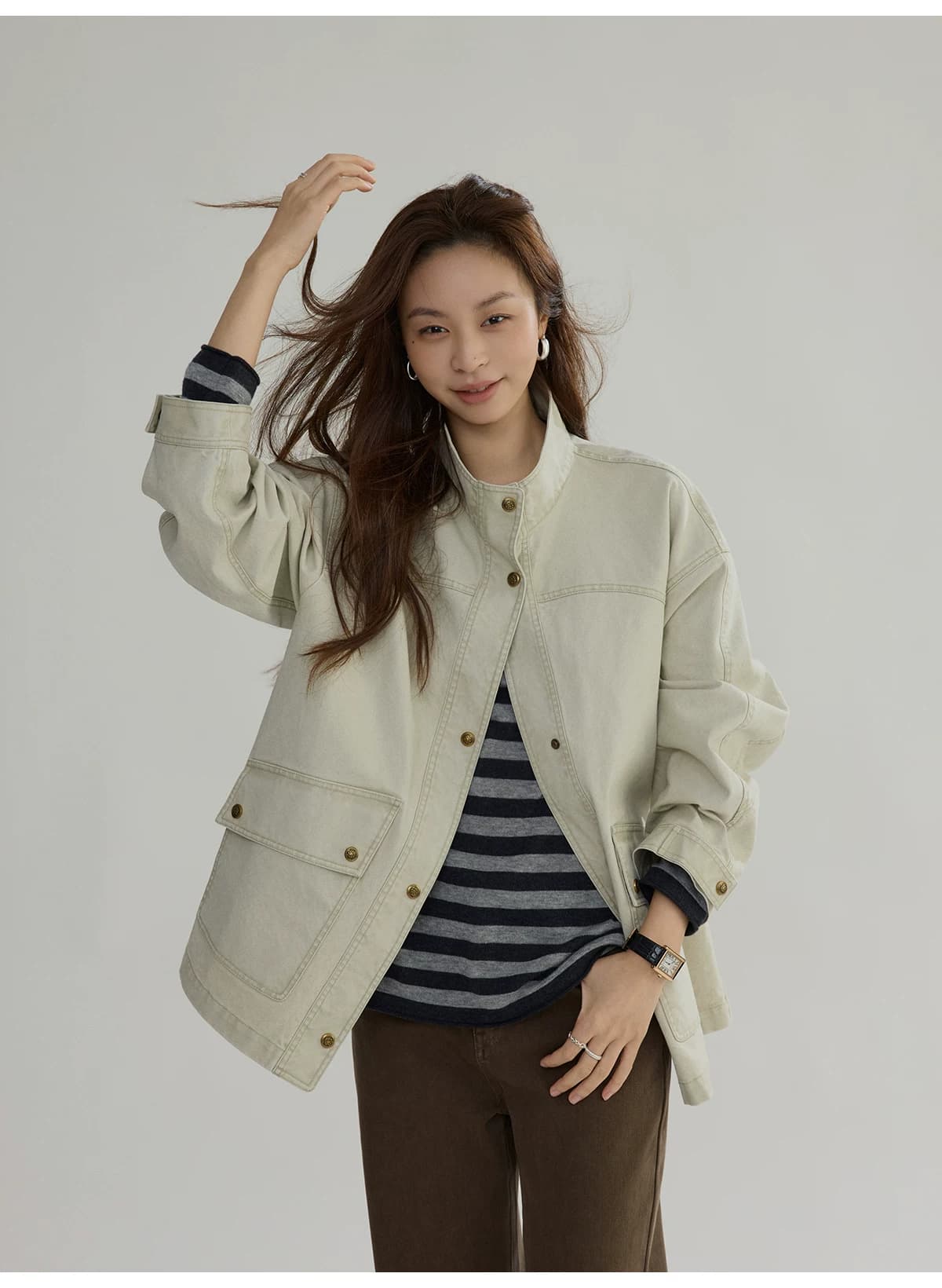 joli choose 봄 새로운 루즈핏 스탠드 칼라 여성 코트 디자인 센스 캐주얼 패션 작은 대중 워크웨어 재킷 상세 이미지 5
