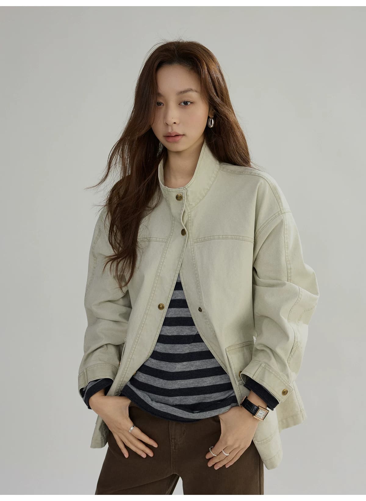 joli choose 봄 새로운 루즈핏 스탠드 칼라 여성 코트 디자인 센스 캐주얼 패션 작은 대중 워크웨어 재킷 상세 이미지 16