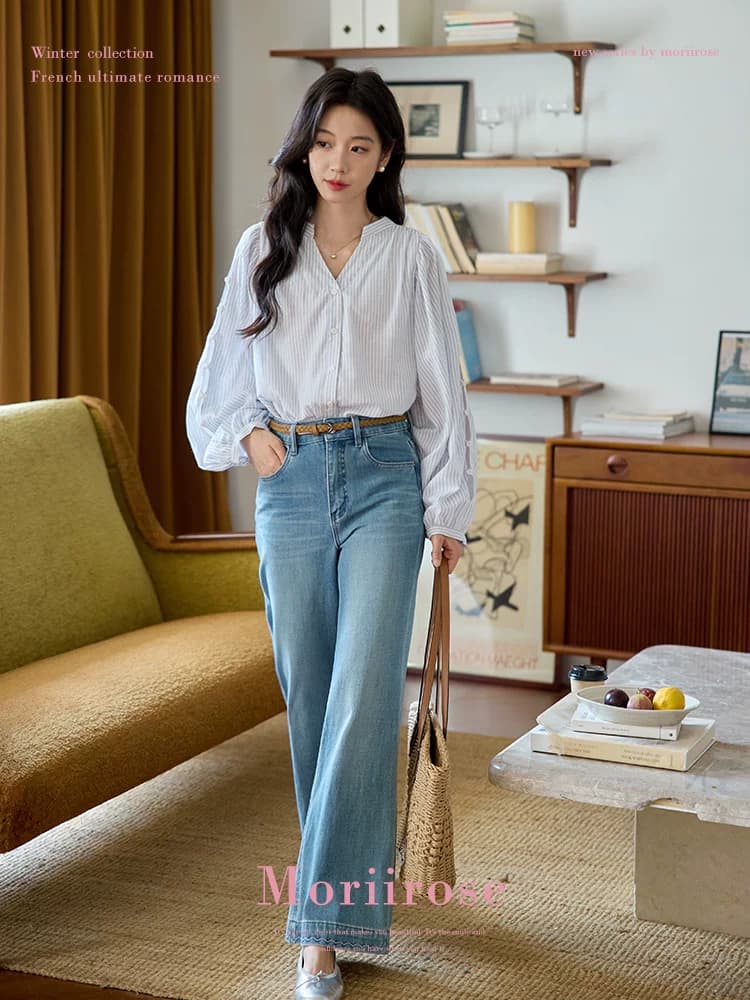 moriirose 파란색 스트라이프 V넥 벌룬 소매 홀로우 아웃 단추 여성 셔츠 가을 프랑스식 품격 루즈핏 맨위 이미지 3