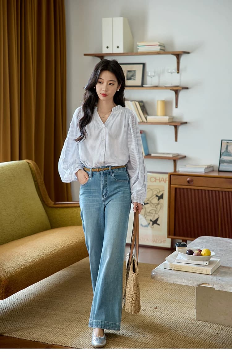 moriirose 파란색 스트라이프 V넥 벌룬 소매 홀로우 아웃 단추 여성 셔츠 가을 프랑스식 품격 루즈핏 맨위 상세 이미지 14