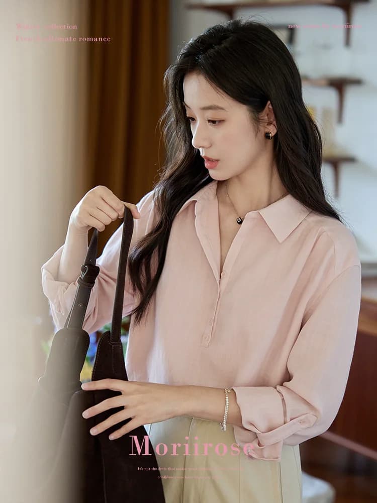 moriirose 핑크색 주간 실크 마 여성 셔츠 가을 폴로 칼라 단추 가을 어깨 소매 둘 착용 품격 출퇴근 맨위 이미지 3