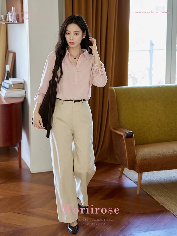 moriirose 핑크색 주간 실크 마 여성 셔츠 가을 폴로 칼라 단추 가을 어깨 소매 둘 착용 품격 출퇴근 맨위 이미지 4