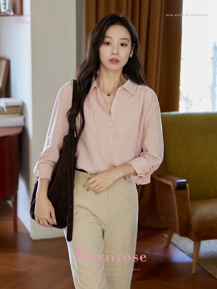 moriirose 핑크색 주간 실크 마 여성 셔츠 가을 폴로 칼라 단추 가을 어깨 소매 둘 착용 품격 출퇴근 맨위 이미지 2