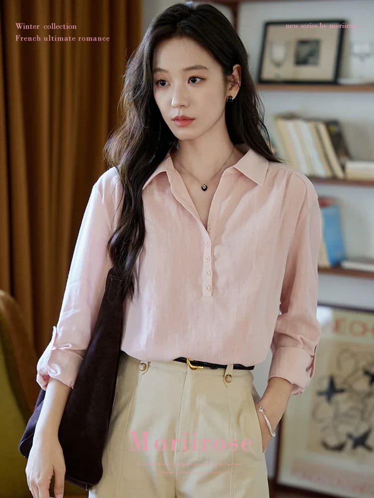 moriirose 핑크색 주간 실크 마 여성 셔츠 가을 폴로 칼라 단추 가을 어깨 소매 둘 착용 품격 출퇴근 맨위