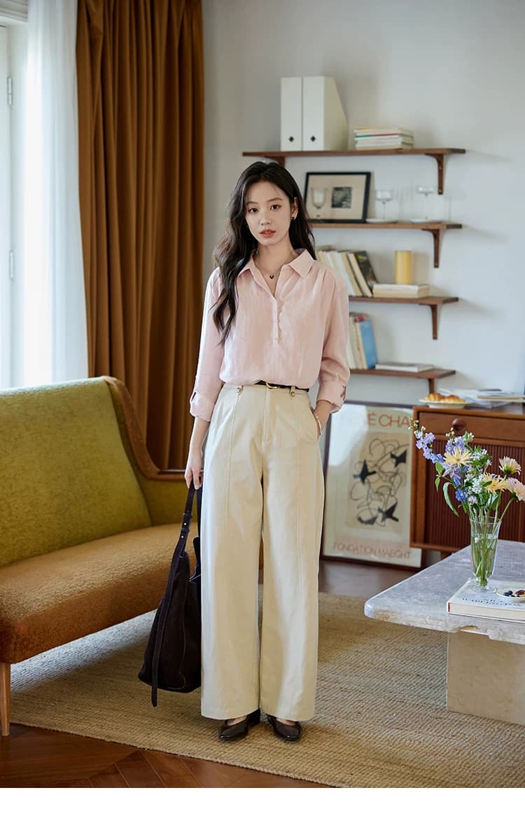 moriirose 핑크색 주간 실크 마 여성 셔츠 가을 폴로 칼라 단추 가을 어깨 소매 둘 착용 품격 출퇴근 맨위 상세 이미지 2
