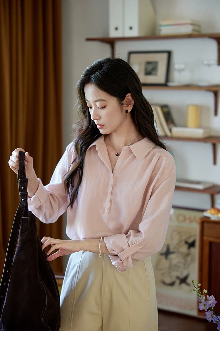 moriirose 핑크색 주간 실크 마 여성 셔츠 가을 폴로 칼라 단추 가을 어깨 소매 둘 착용 품격 출퇴근 맨위 상세 이미지 4