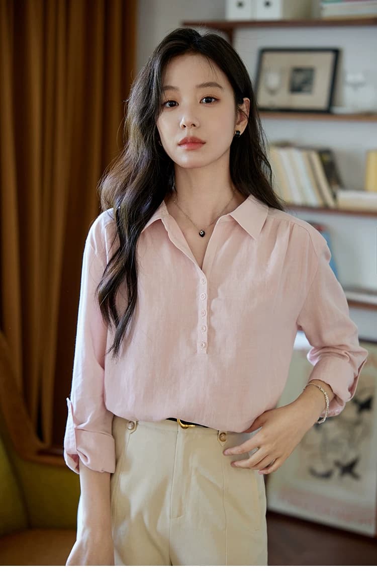 moriirose 핑크색 주간 실크 마 여성 셔츠 가을 폴로 칼라 단추 가을 어깨 소매 둘 착용 품격 출퇴근 맨위 상세 이미지 5