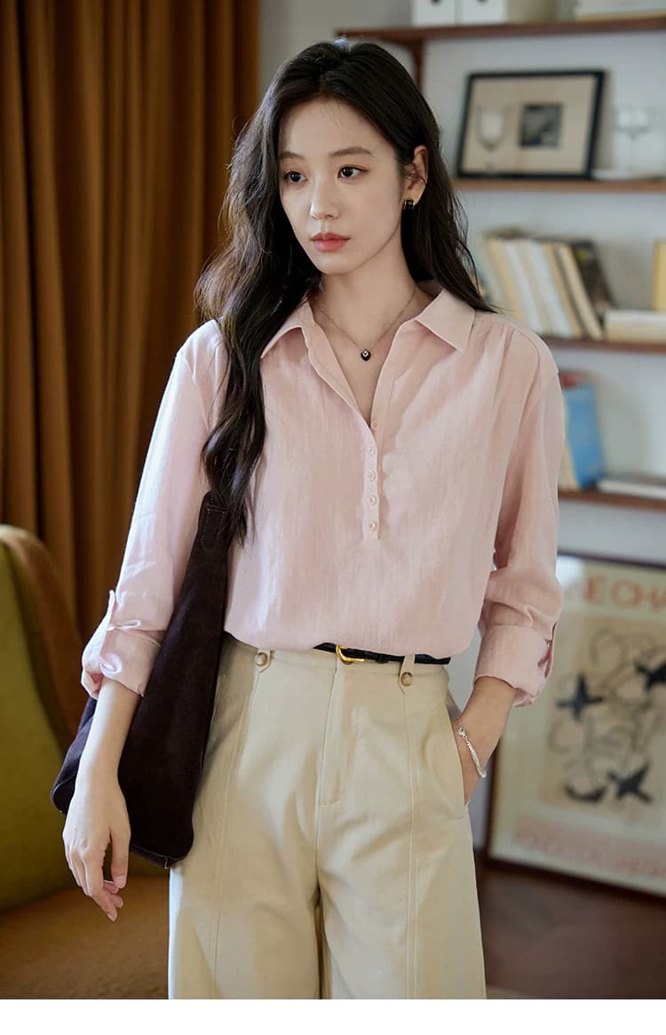 moriirose 핑크색 주간 실크 마 여성 셔츠 가을 폴로 칼라 단추 가을 어깨 소매 둘 착용 품격 출퇴근 맨위 상세 이미지 7