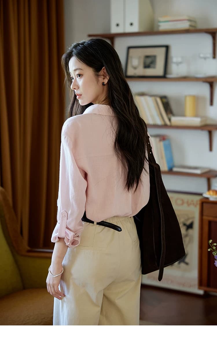 moriirose 핑크색 주간 실크 마 여성 셔츠 가을 폴로 칼라 단추 가을 어깨 소매 둘 착용 품격 출퇴근 맨위 상세 이미지 8
