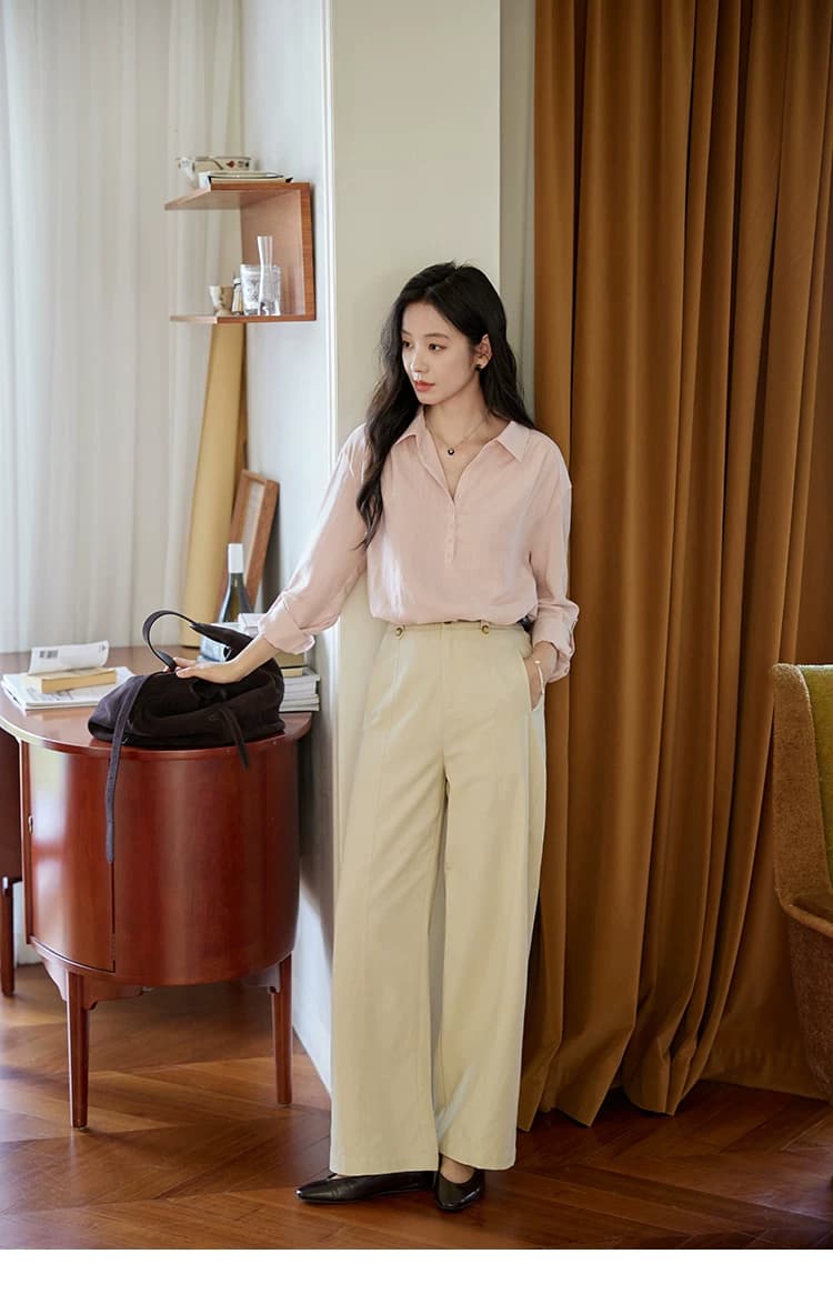 moriirose 핑크색 주간 실크 마 여성 셔츠 가을 폴로 칼라 단추 가을 어깨 소매 둘 착용 품격 출퇴근 맨위 상세 이미지 9