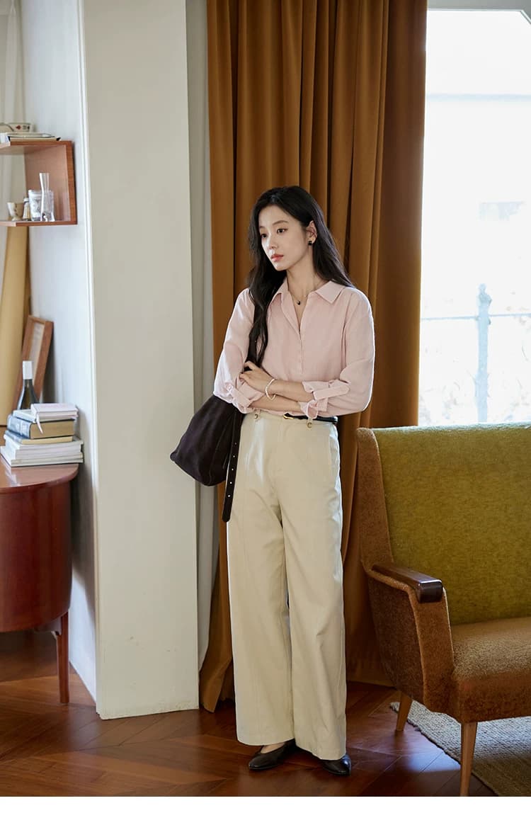 moriirose 핑크색 주간 실크 마 여성 셔츠 가을 폴로 칼라 단추 가을 어깨 소매 둘 착용 품격 출퇴근 맨위 상세 이미지 10