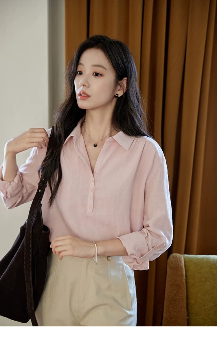 moriirose 핑크색 주간 실크 마 여성 셔츠 가을 폴로 칼라 단추 가을 어깨 소매 둘 착용 품격 출퇴근 맨위 상세 이미지 11