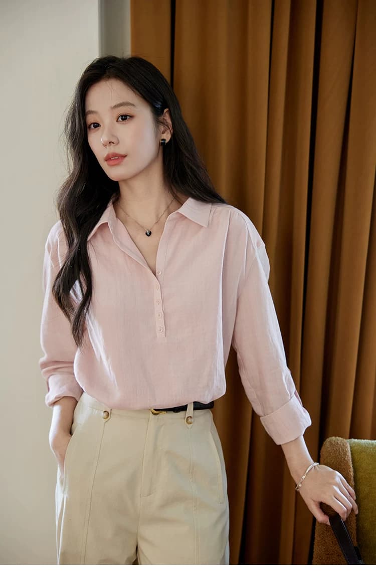 moriirose 핑크색 주간 실크 마 여성 셔츠 가을 폴로 칼라 단추 가을 어깨 소매 둘 착용 품격 출퇴근 맨위 상세 이미지 12