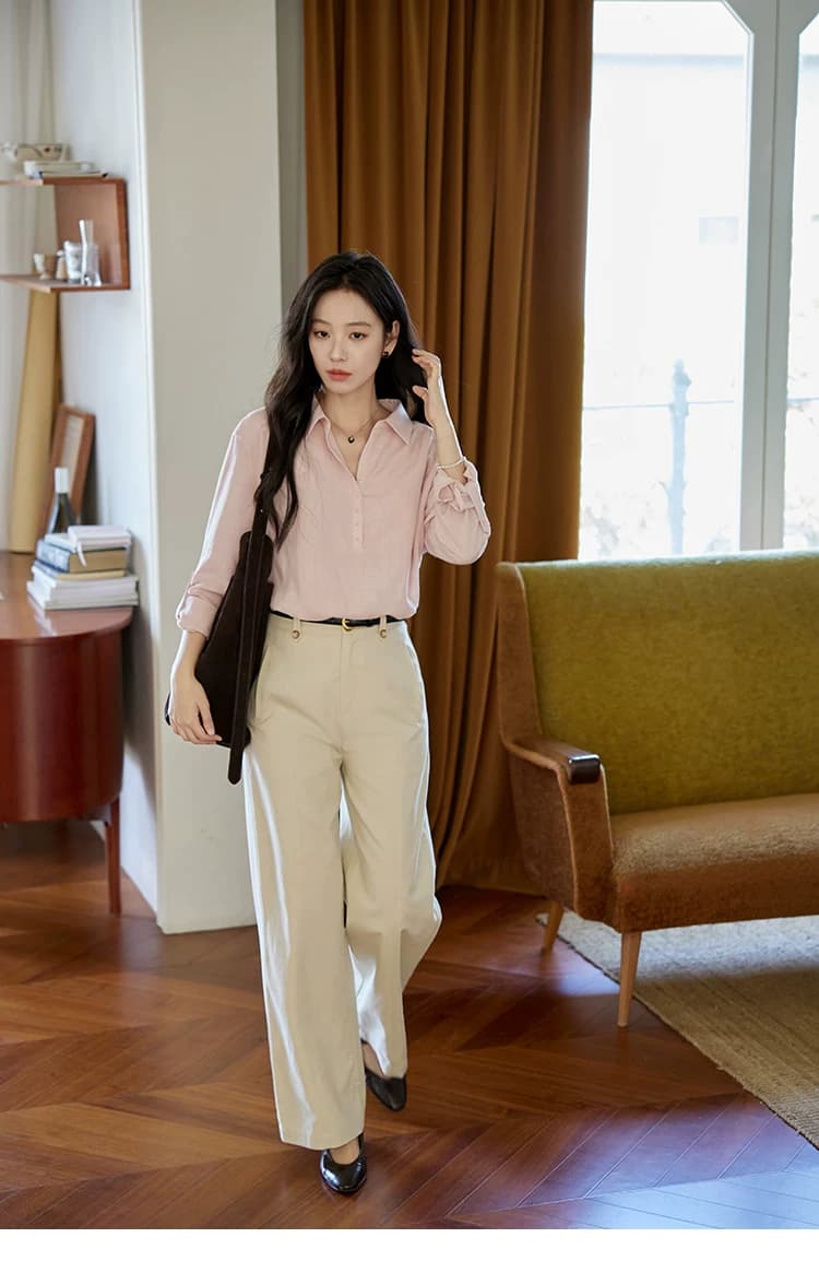 moriirose 핑크색 주간 실크 마 여성 셔츠 가을 폴로 칼라 단추 가을 어깨 소매 둘 착용 품격 출퇴근 맨위 상세 이미지 13