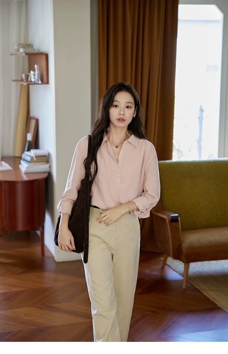 moriirose 핑크색 주간 실크 마 여성 셔츠 가을 폴로 칼라 단추 가을 어깨 소매 둘 착용 품격 출퇴근 맨위 상세 이미지 14