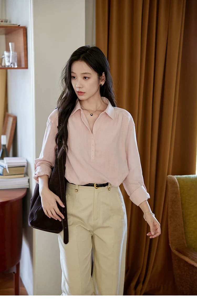 moriirose 핑크색 주간 실크 마 여성 셔츠 가을 폴로 칼라 단추 가을 어깨 소매 둘 착용 품격 출퇴근 맨위 상세 이미지 15