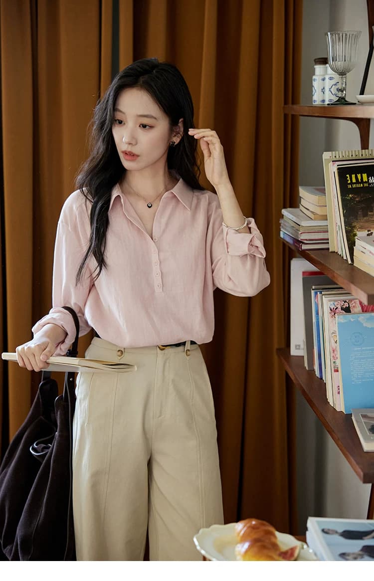 moriirose 핑크색 주간 실크 마 여성 셔츠 가을 폴로 칼라 단추 가을 어깨 소매 둘 착용 품격 출퇴근 맨위 상세 이미지 16