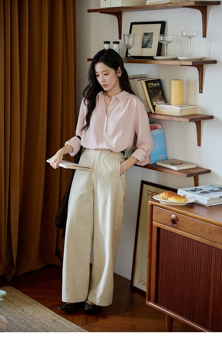 moriirose 핑크색 주간 실크 마 여성 셔츠 가을 폴로 칼라 단추 가을 어깨 소매 둘 착용 품격 출퇴근 맨위 상세 이미지 17