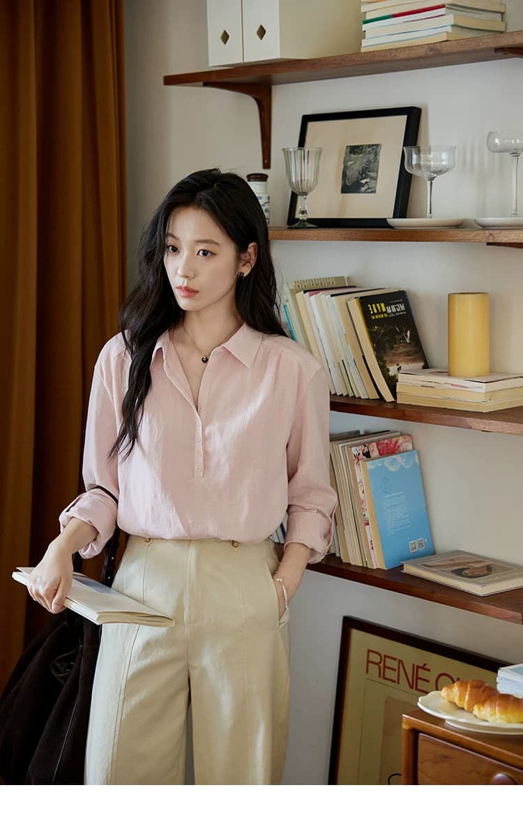 moriirose 핑크색 주간 실크 마 여성 셔츠 가을 폴로 칼라 단추 가을 어깨 소매 둘 착용 품격 출퇴근 맨위 상세 이미지 18