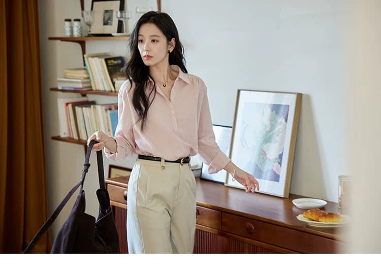 moriirose 핑크색 주간 실크 마 여성 셔츠 가을 폴로 칼라 단추 가을 어깨 소매 둘 착용 품격 출퇴근 맨위 상세 이미지 19