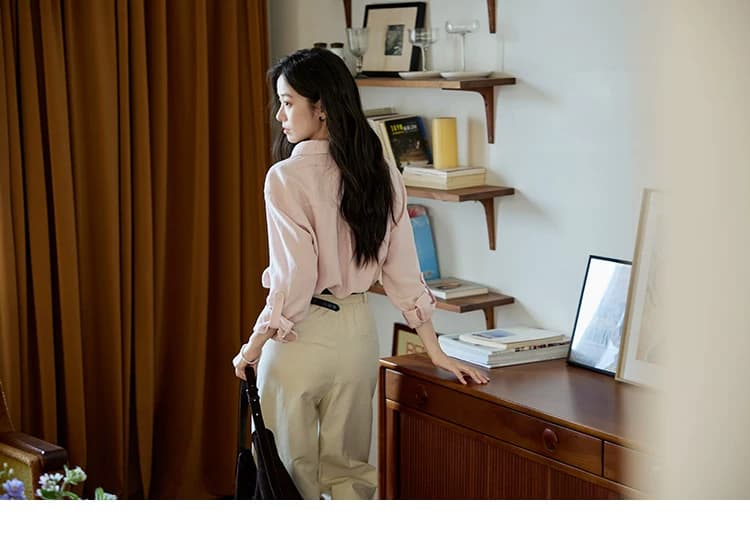moriirose 핑크색 주간 실크 마 여성 셔츠 가을 폴로 칼라 단추 가을 어깨 소매 둘 착용 품격 출퇴근 맨위 상세 이미지 20