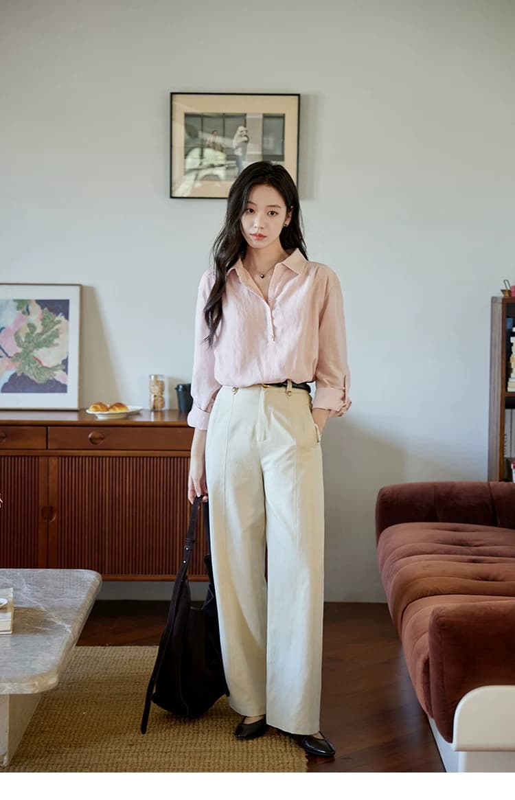 moriirose 핑크색 주간 실크 마 여성 셔츠 가을 폴로 칼라 단추 가을 어깨 소매 둘 착용 품격 출퇴근 맨위 상세 이미지 21