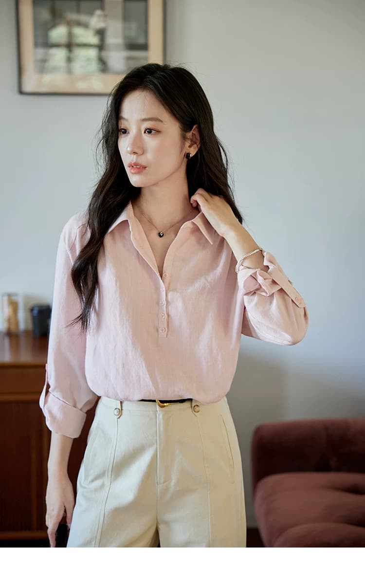 moriirose 핑크색 주간 실크 마 여성 셔츠 가을 폴로 칼라 단추 가을 어깨 소매 둘 착용 품격 출퇴근 맨위 상세 이미지 22