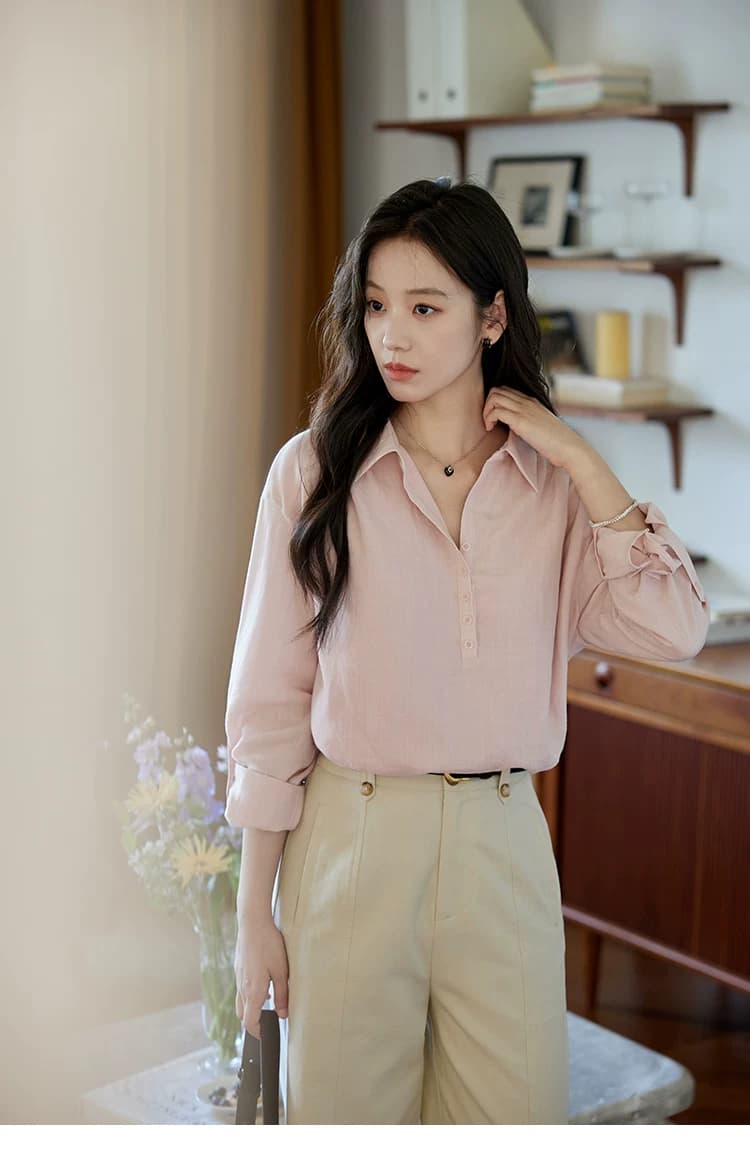 moriirose 핑크색 주간 실크 마 여성 셔츠 가을 폴로 칼라 단추 가을 어깨 소매 둘 착용 품격 출퇴근 맨위 상세 이미지 23