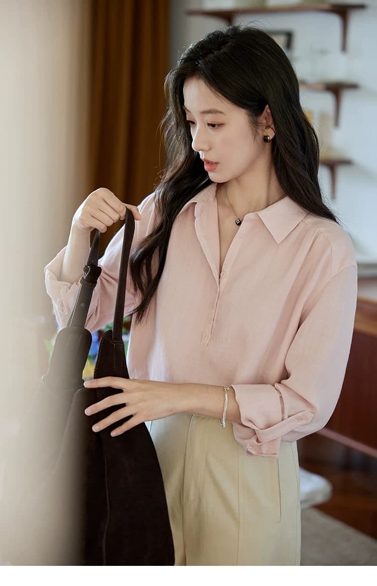 moriirose 핑크색 주간 실크 마 여성 셔츠 가을 폴로 칼라 단추 가을 어깨 소매 둘 착용 품격 출퇴근 맨위 상세 이미지 24