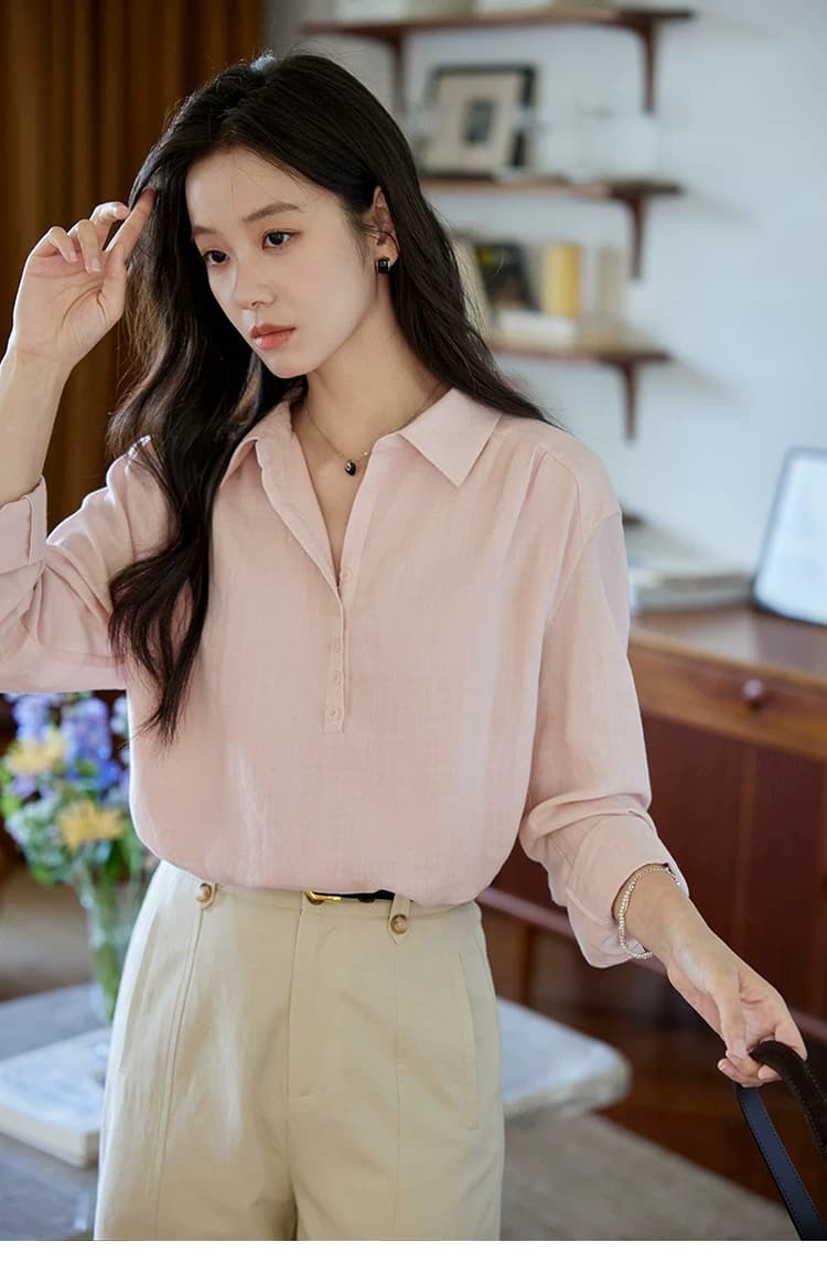 moriirose 핑크색 주간 실크 마 여성 셔츠 가을 폴로 칼라 단추 가을 어깨 소매 둘 착용 품격 출퇴근 맨위 상세 이미지 25