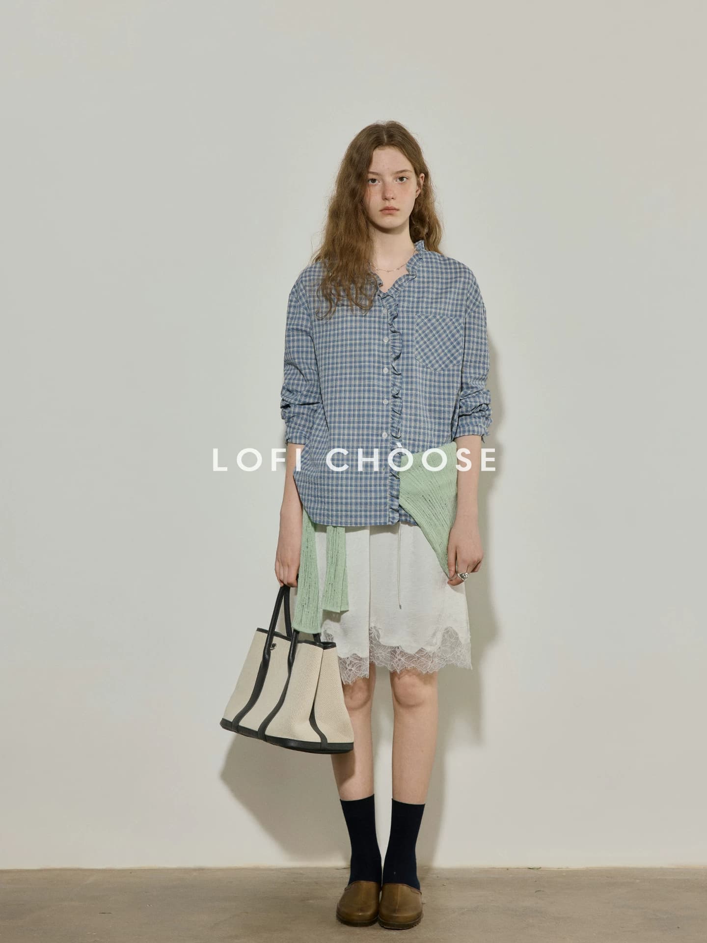 lofi choose 배색 체크무늬 프릴 긴팔 여성 셔츠 가을 새로운 캐주얼 루즈핏 다용도 맨위 상세 이미지 6