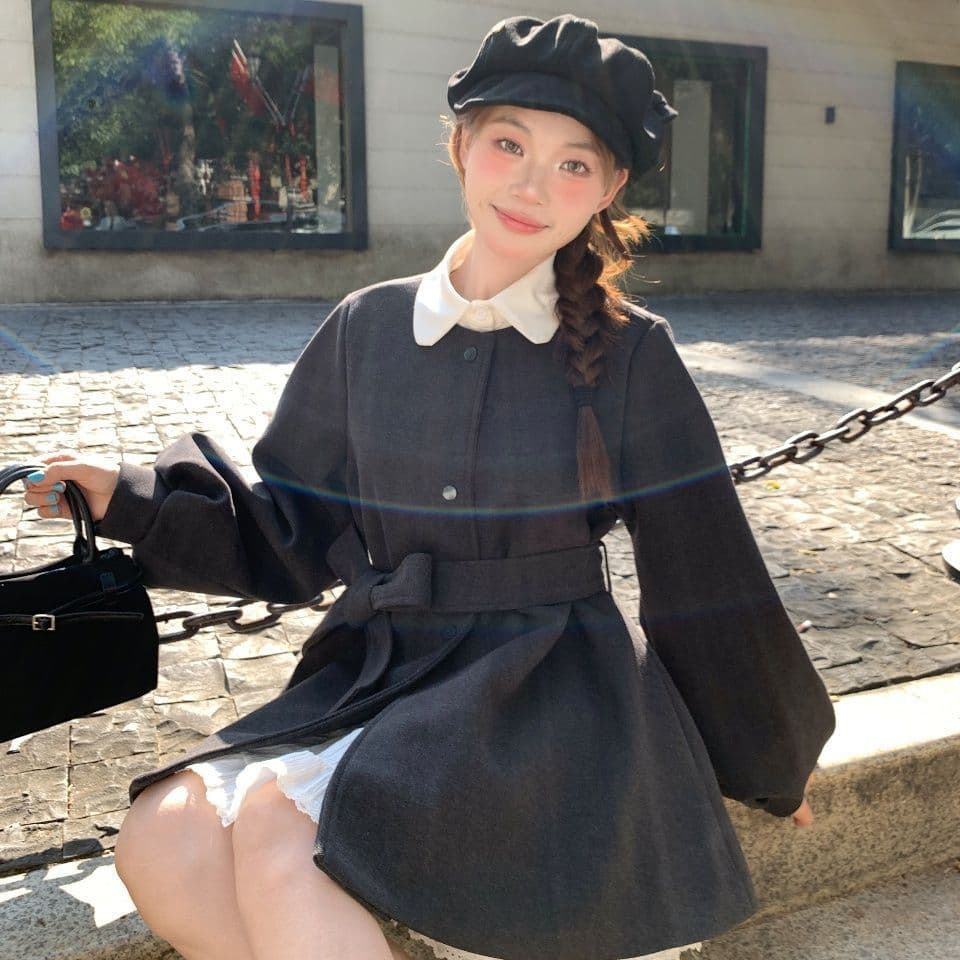 가을 겨울 두꺼운 스타일 모직 여성 드레스 벌룬 소매 라운드 넥 레이스업 고급 센스 작은 키 모직 외투 상세 이미지 10