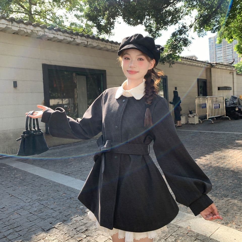 가을 겨울 두꺼운 스타일 모직 여성 드레스 벌룬 소매 라운드 넥 레이스업 고급 센스 작은 키 모직 외투 상세 이미지 11
