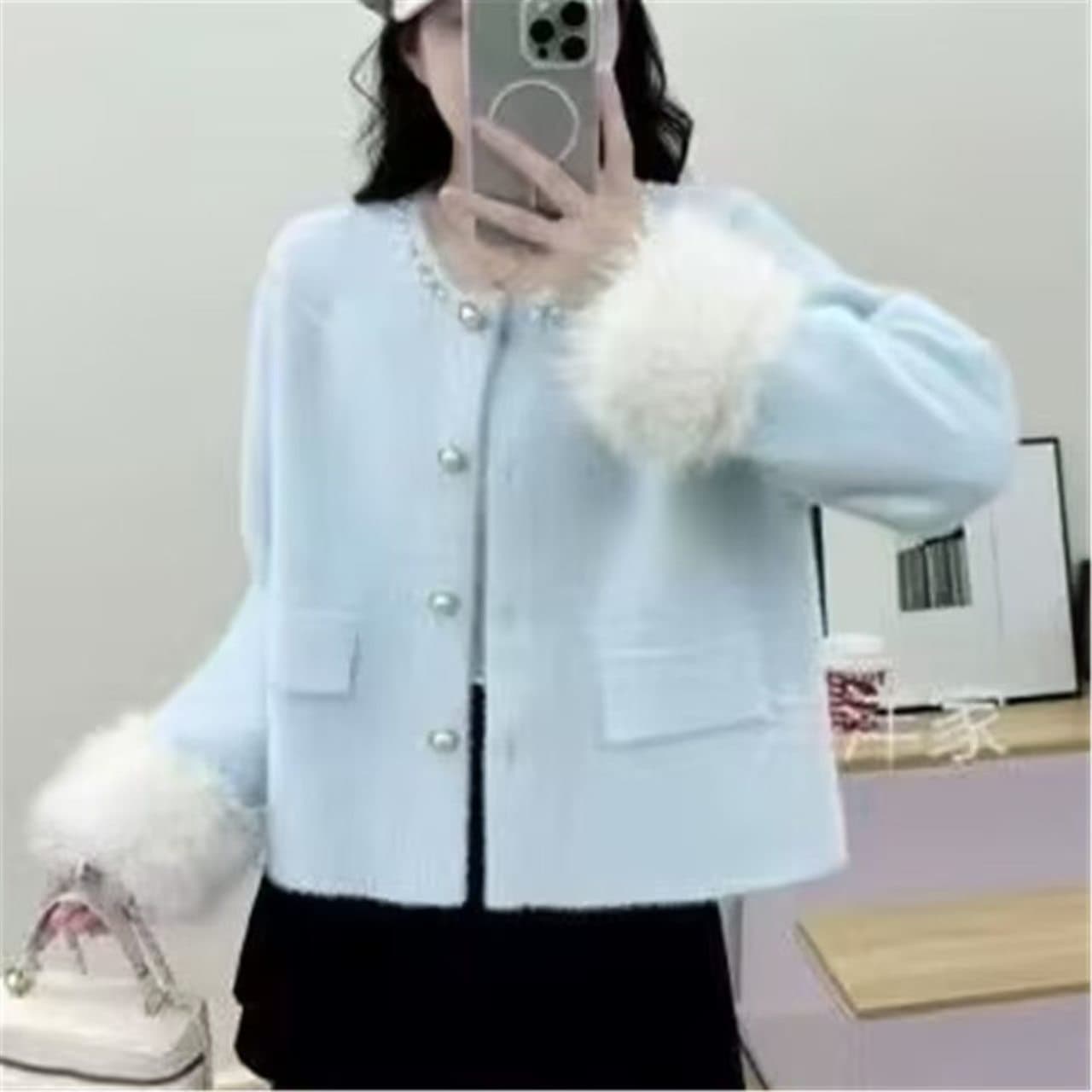 작은 샤넬 스타일 모방 밍크 플리스 부드러운 찹쌀 오픈 가디건 여성 코트 가을 겨울 새로운 한국 스타일 외국 가스 루즈핏 라운드 넥 니트 맨위 상세 이미지 5