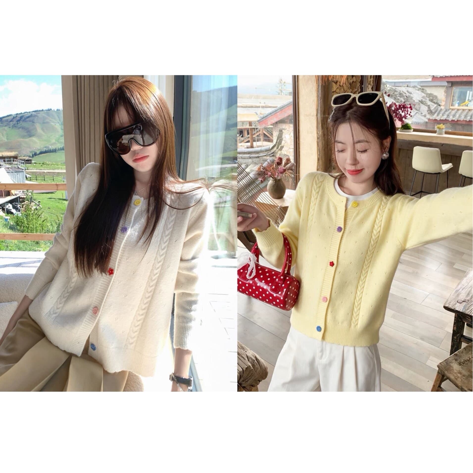 한 부서 Chic 단일 행 무지개 꽃 버클 라운드 넥 트위스트 꽃 니트 스웨터 오픈 가디건 여성 가을 겨울철 루즈핏 다용도 맨위 상세 이미지 4