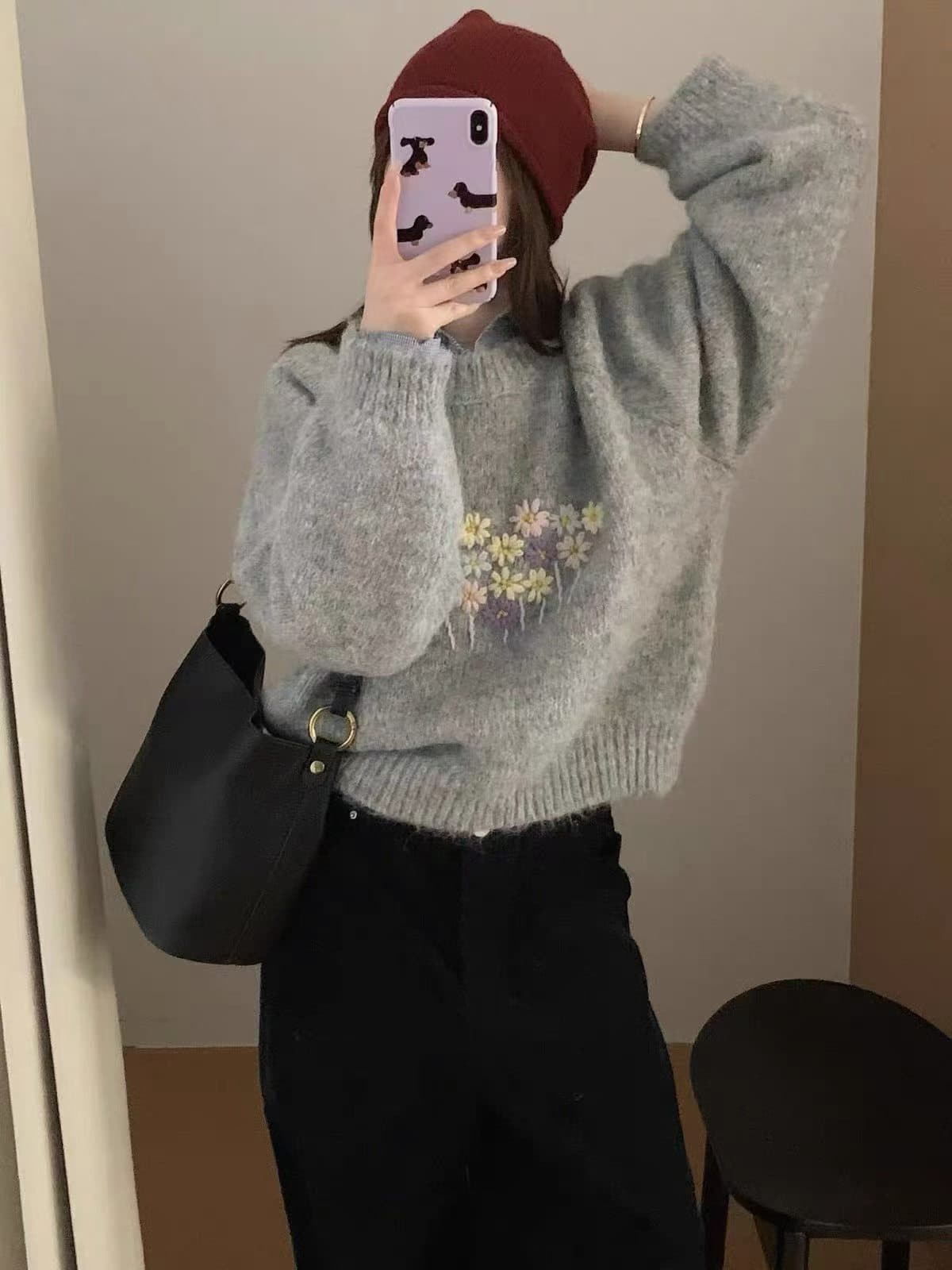 한 부서 부드러운 바람 자수 꽃 스웨터 여자 가을 겨울 새로운 고급 센스 작은 키 인사이드 가져 가라. 스택 바늘 짠 셔츠 이미지 5