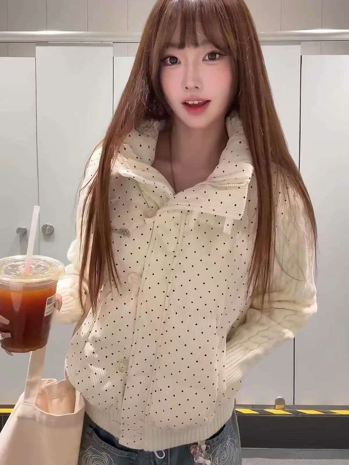 한 부서 달콤함 도트 무늬 니트 패치워크 긴팔 면 의류 여성 코트 겨울 루즈핏 두꺼운 쇼트 스타일 보온 패딩 재킷 상세 이미지 7