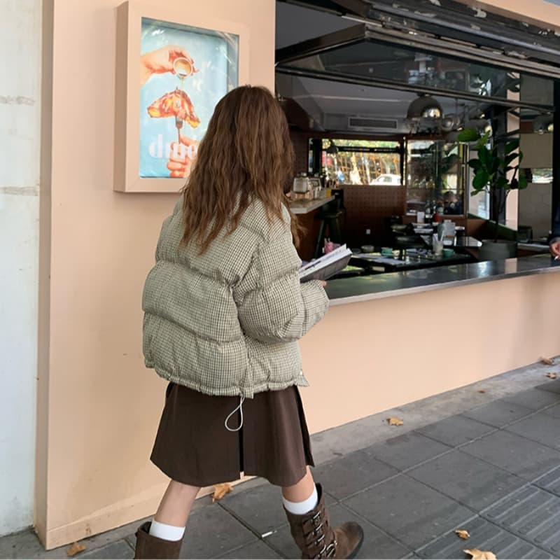 rainy 쇼트 스타일 스탠드 칼라 체크무늬 면 의류 가을 겨울 소녀 패딩 재킷 펌프 로프 보온 면 옷 한 부서 레트로 두꺼움 재킷