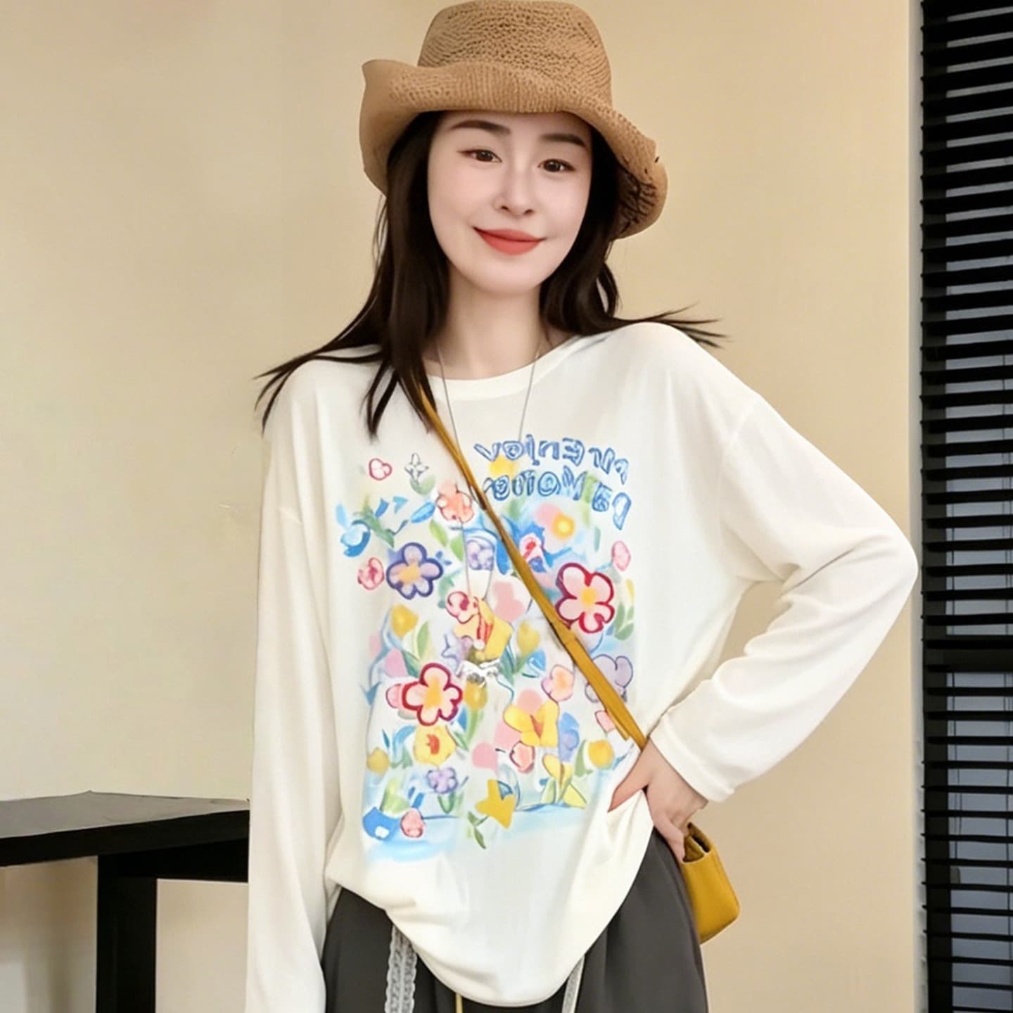원본 원단 차가운 센스 눈꽃 면 꽃무늬 프린트 긴팔 티셔츠 여름 얇은 스타일 루즈핏 슬림해 보이는 라운드 넥 자외선 차단 맨위
