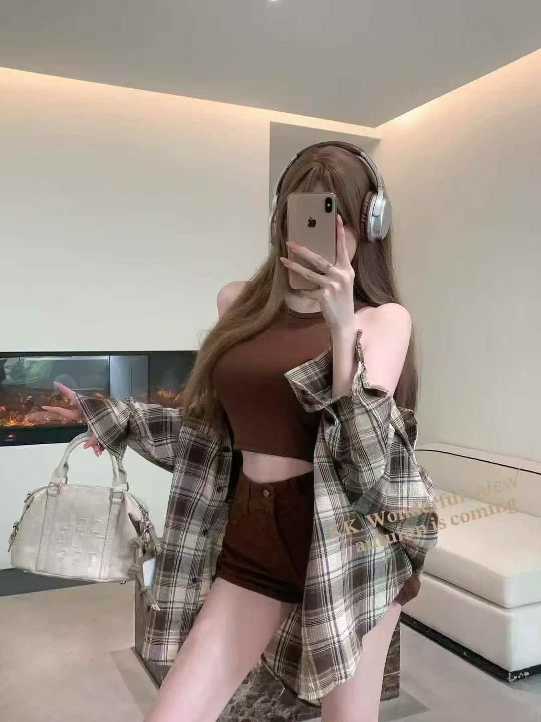 레트로 아름다움 라드. 세트 격자 무늬 셔츠 재킷 여성 짧은 조끼 슬립 여름 캐주얼 바지 느긋한 3종 세트 상세 이미지 7