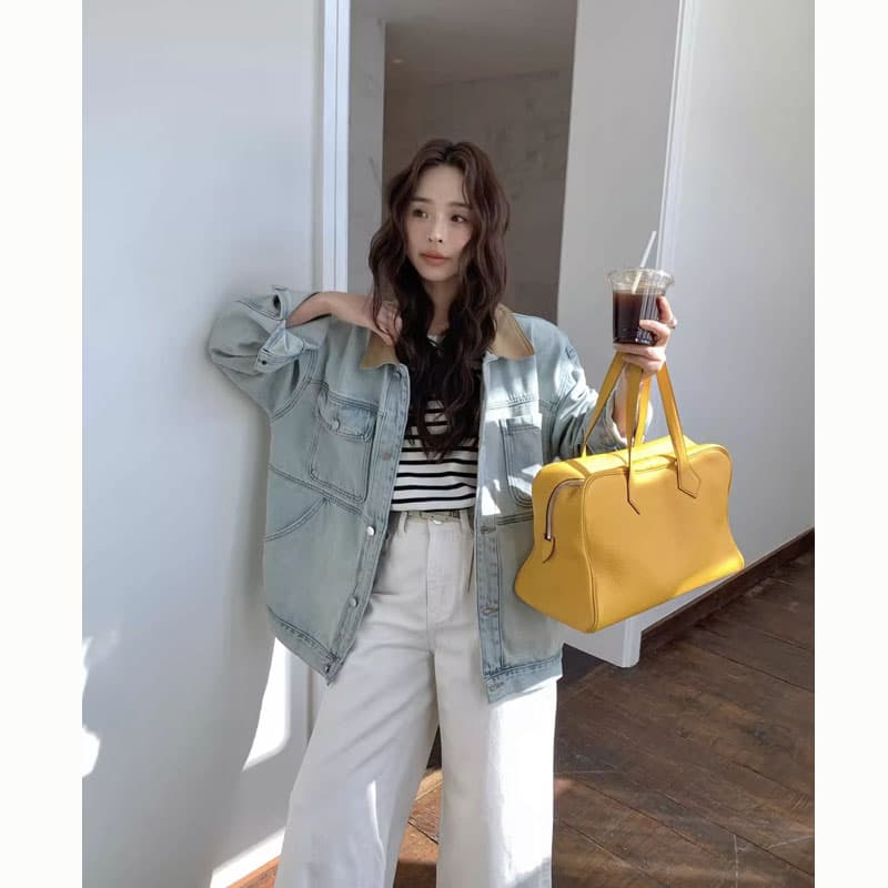 한 부서 데님 여성 코트 가을 고급 센스 레트로 마 오래된 배색 바 En 바람 폴로 칼라 루즈핏 느긋한 바람 재킷