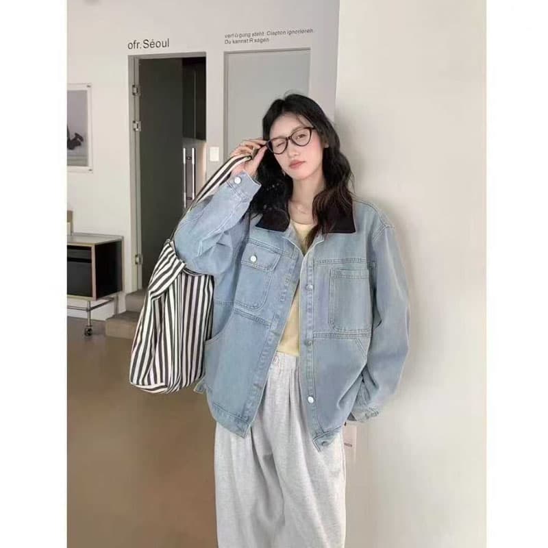 한 부서 데님 여성 코트 가을 고급 센스 레트로 마 오래된 배색 바 En 바람 폴로 칼라 루즈핏 느긋한 바람 재킷 이미지 2